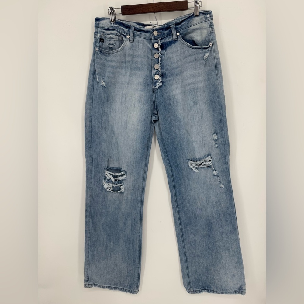KanCan Women's Light Wash Mid-Rise Distressed Button Fly Jeans Size 13/30